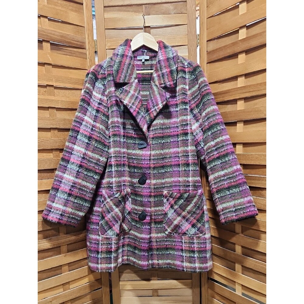 Habitat Purple Green Plaid Coat Women XL Polyester Jacket Button